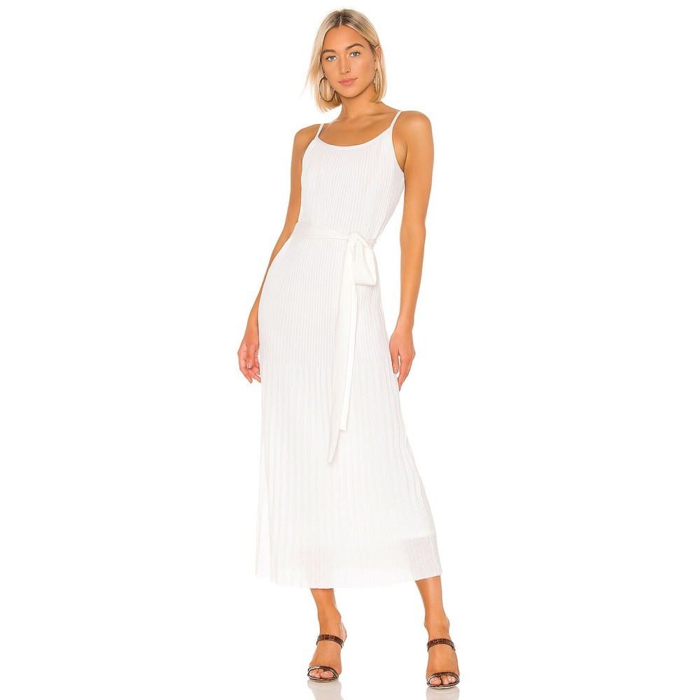 Theory Pleat Maxi Dress White Italian Stretch Cotton Belted Medium M $455